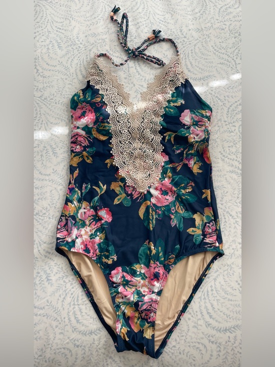 Allihop Other - Blue Floral One-Piece Swimsuit with Lace Trim and halter top